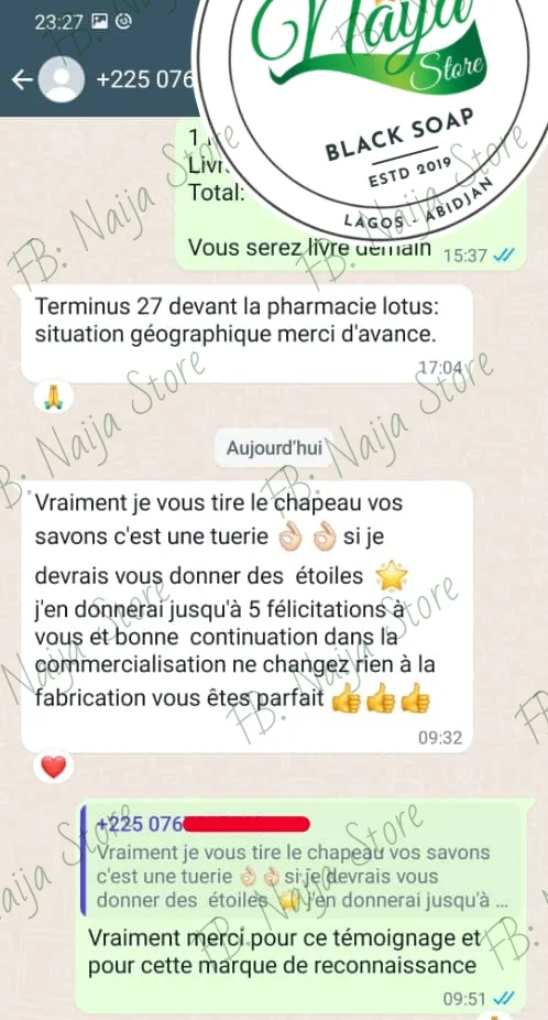 Témoignage WhatsApp — 5 étoiles, savons c'est une tuerie