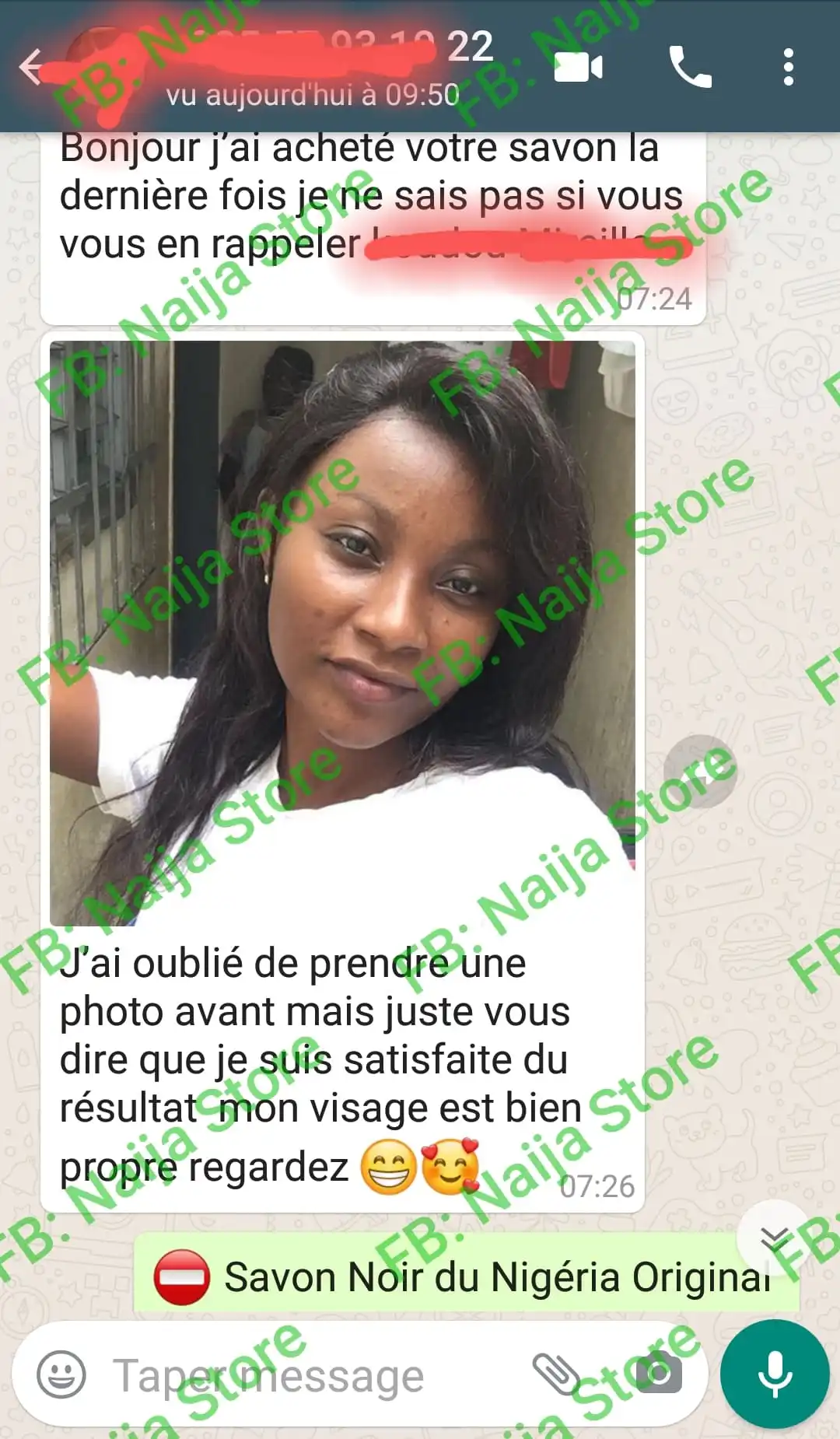 Cliente WhatsApp — visage bien propre, très satisfaite