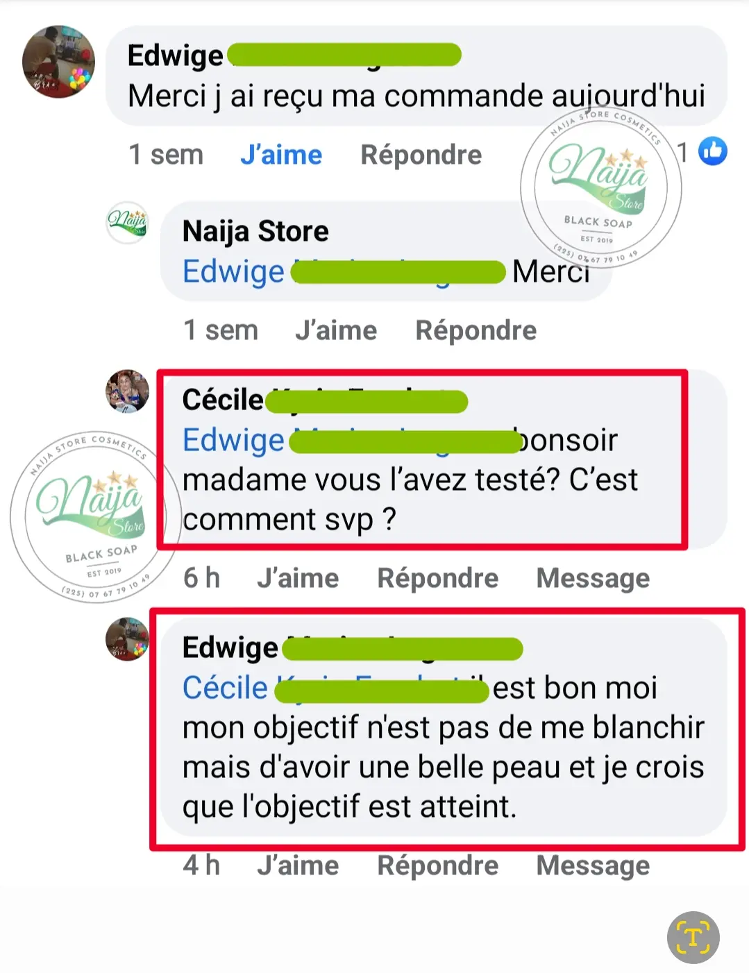 Témoignage Facebook Edwige — belle peau, objectif atteint