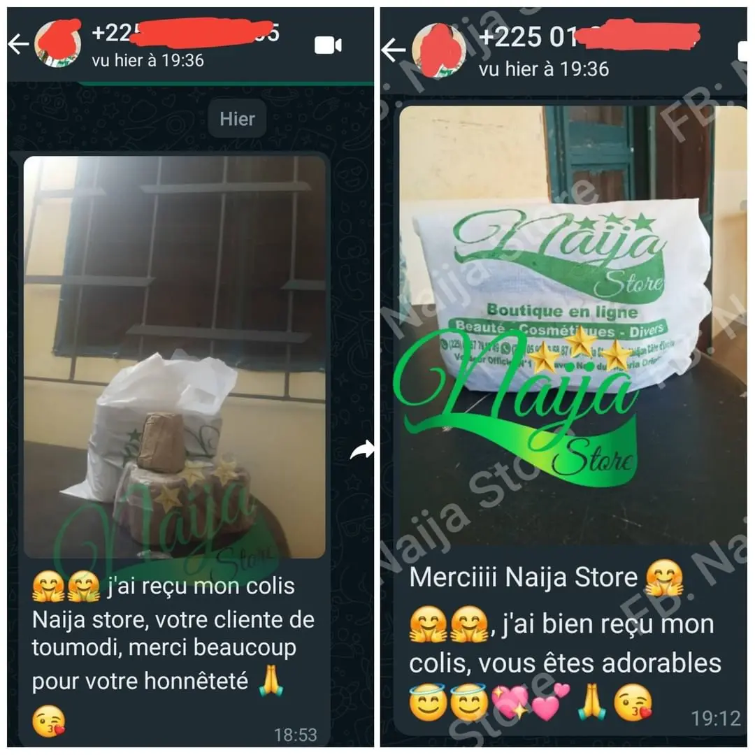 Témoignage WhatsApp — clientes confirment la réception de leur colis Naija Store