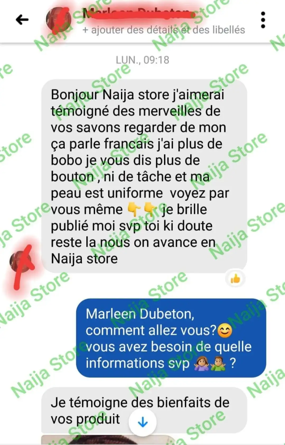 Témoignage Facebook — Marleen Dubeton, plus de boutons ni de taches, peau uniforme