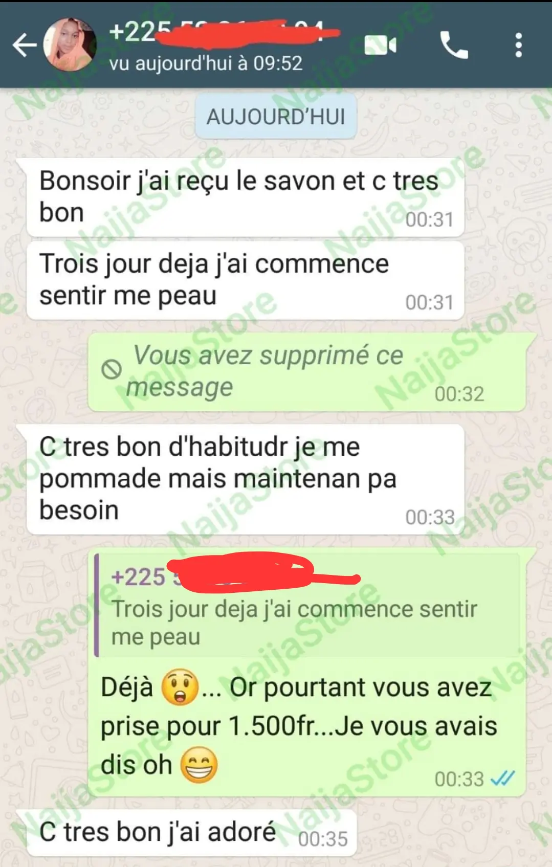 Témoignage WhatsApp — effets sur la peau en trois jours, plus besoin de pommade