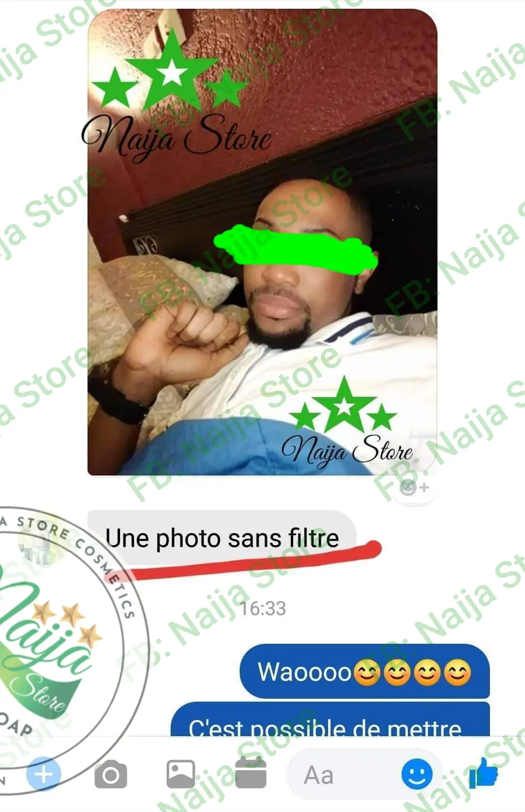 Témoignage Facebook — une photo sans filtre, peau nette et uniforme d'un client