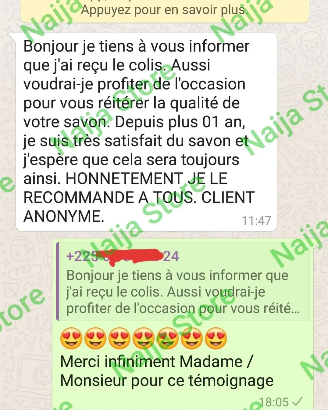 Témoignage WhatsApp — satisfait du savon depuis plus d'un an, je le recommande à tous