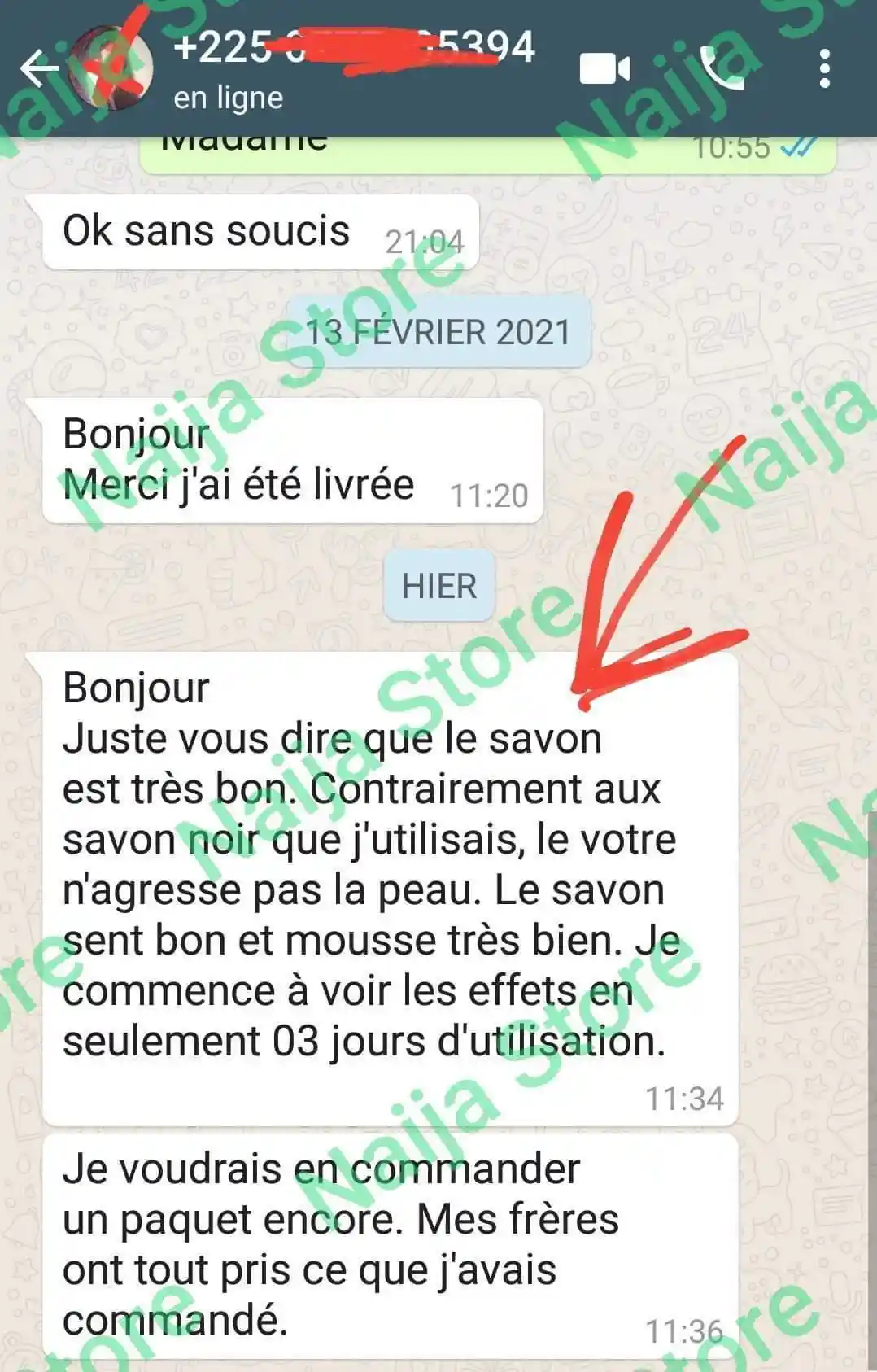 Témoignage WhatsApp — savon doux qui mousse bien, effets en 3 jours, nouvelle commande